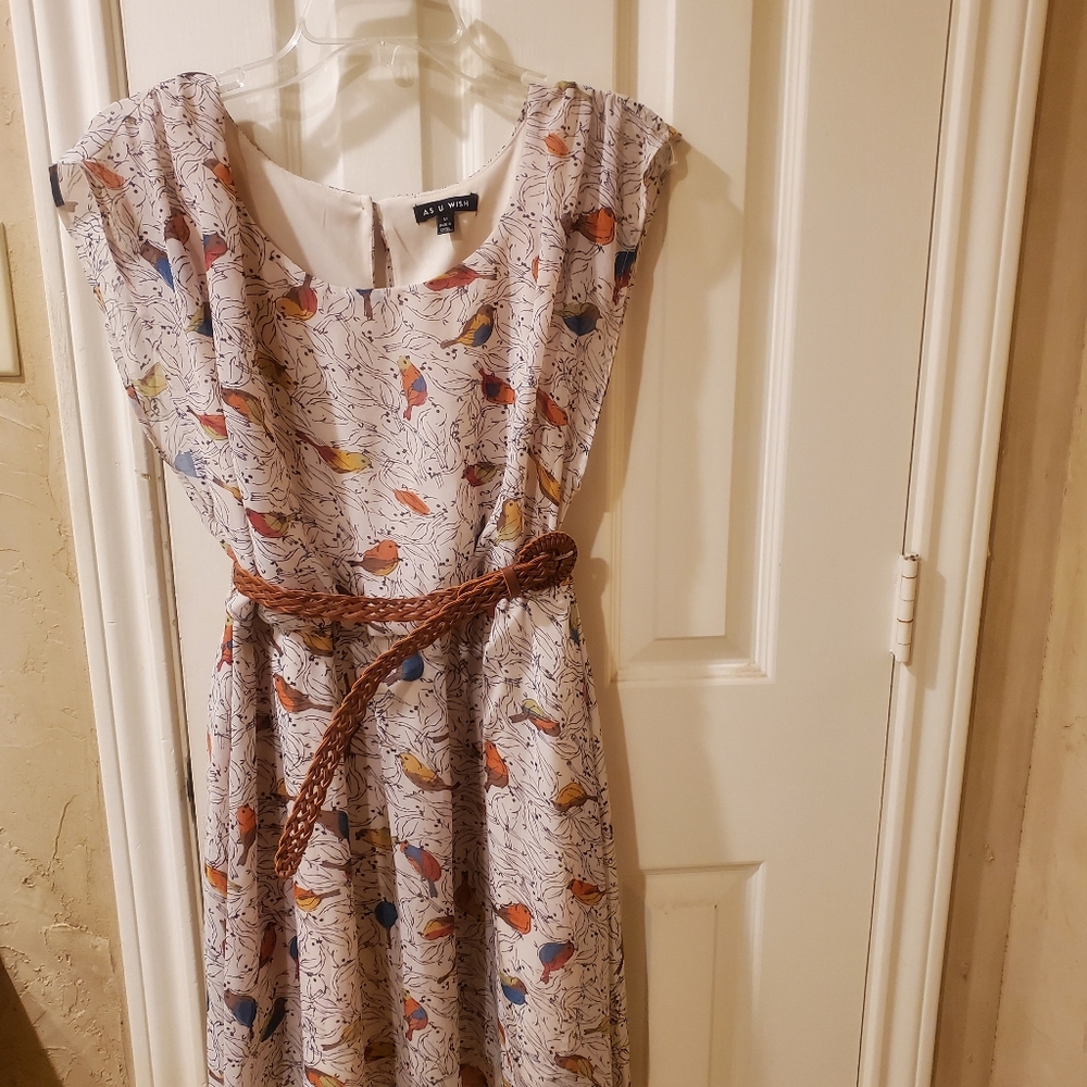 As U Wish Multicolor Bird Print Dress with Brown Belt